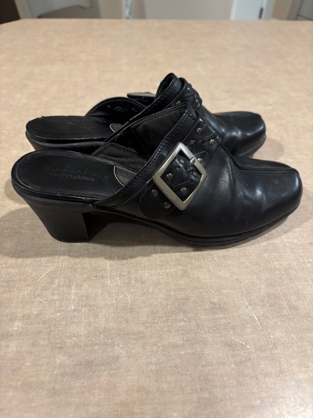 Clarks Black Leather Buckle Clog Mules